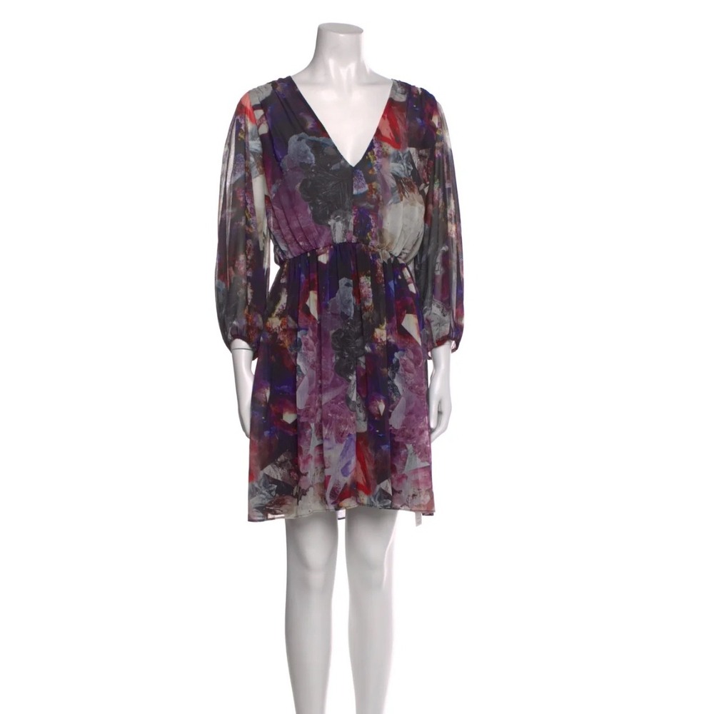 Alice Olivia Purple Abstract Floral Print V Neck Mini Dress Size M